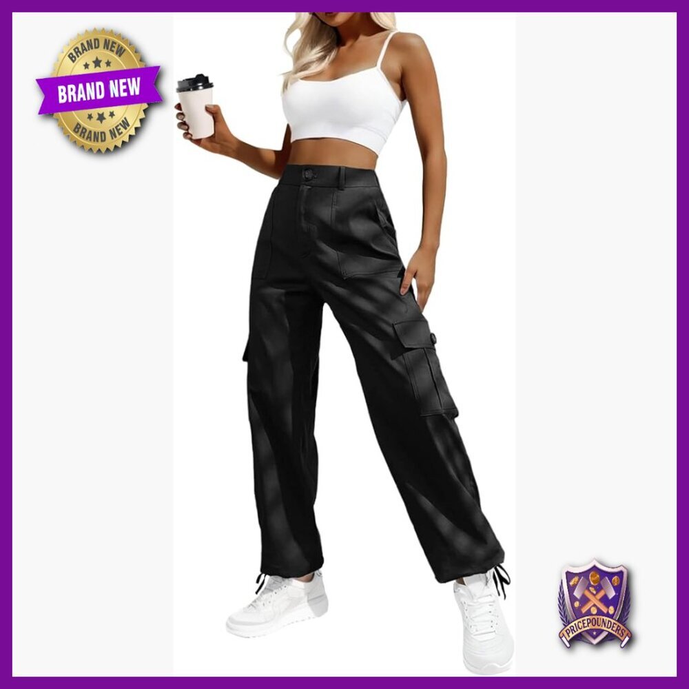 High Waisted Cargo Pants with 6 Pockets Drawstring Ankle Cuffs Stretchy